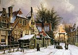 Famous Figures Paintings - A Townview with Figures on a Snow Covered Street